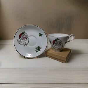 Santa, Christmas Holly Regency Bone China Vintage Tea Cup & Saucer RARE SET